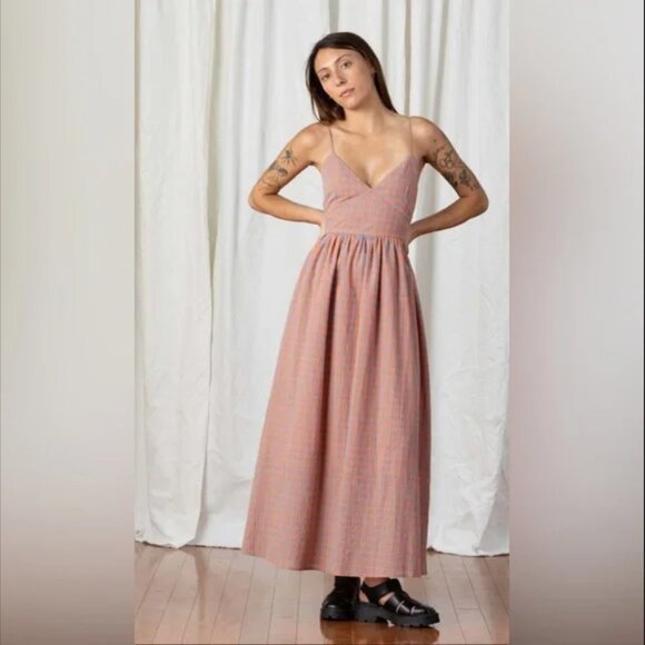Ali Golden Tie Back Maxi Dress Coral Plaid XS - Picture 1 of 13